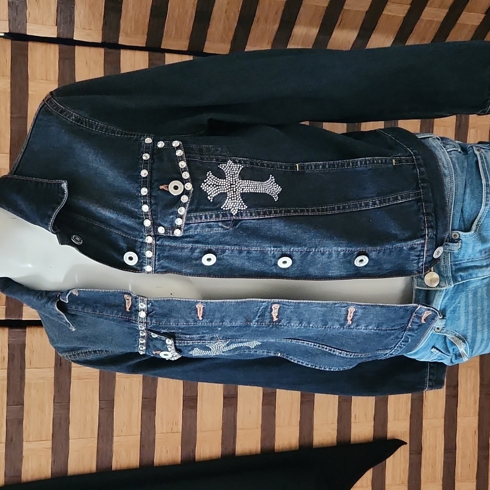 Custom made cross rhinestone jean jacket